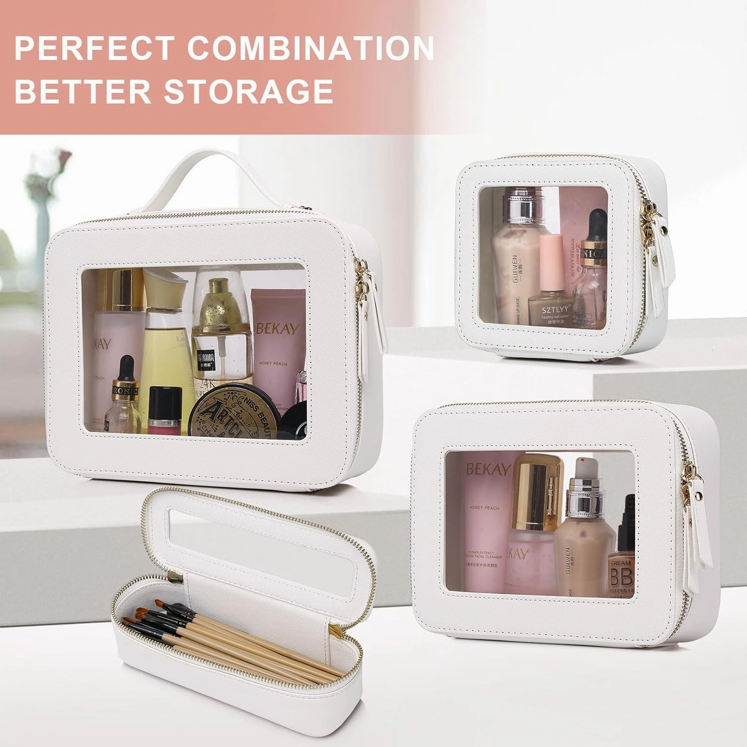 Clear Makeup Bag Waterproof Travel Case for Cosmetics and Toiletries Women's Purse Organizer and Clear Car Bag with Zipper (White, M MINI)