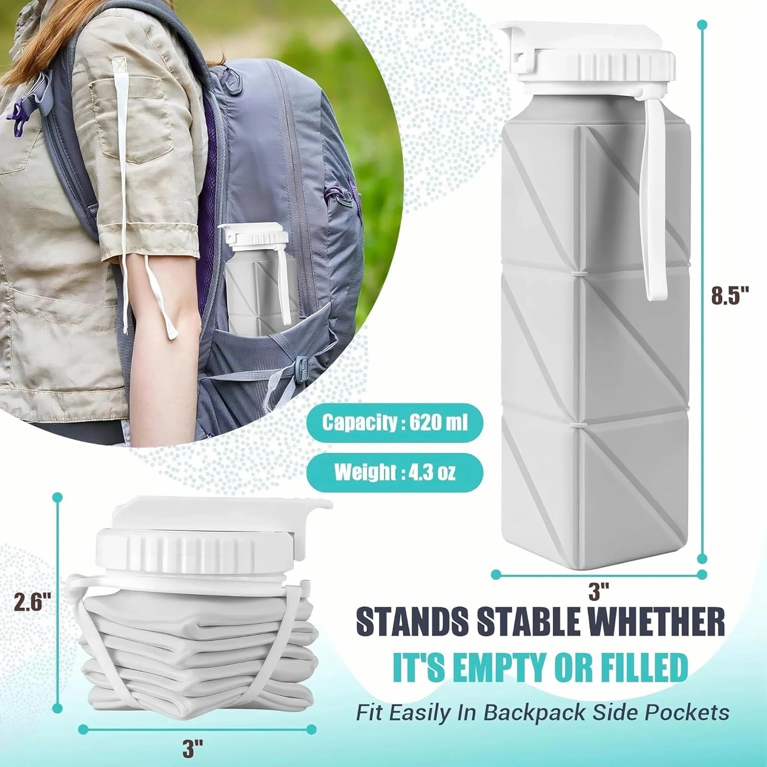 Collapsible Water Bottle, Silicone Foldable Water Bottle Cup with Straw, Leak-Proof Portable Water Bottles 620ml Travel Lightweight Water Cups(6)