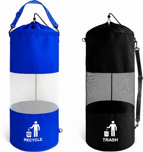 Combo Boat Trash and Recycle Bags Bins Containers, zipper bottom for no mess emptying, large capacity, built in steel wire opening to make it easy to put in the trash and recycle garbage
