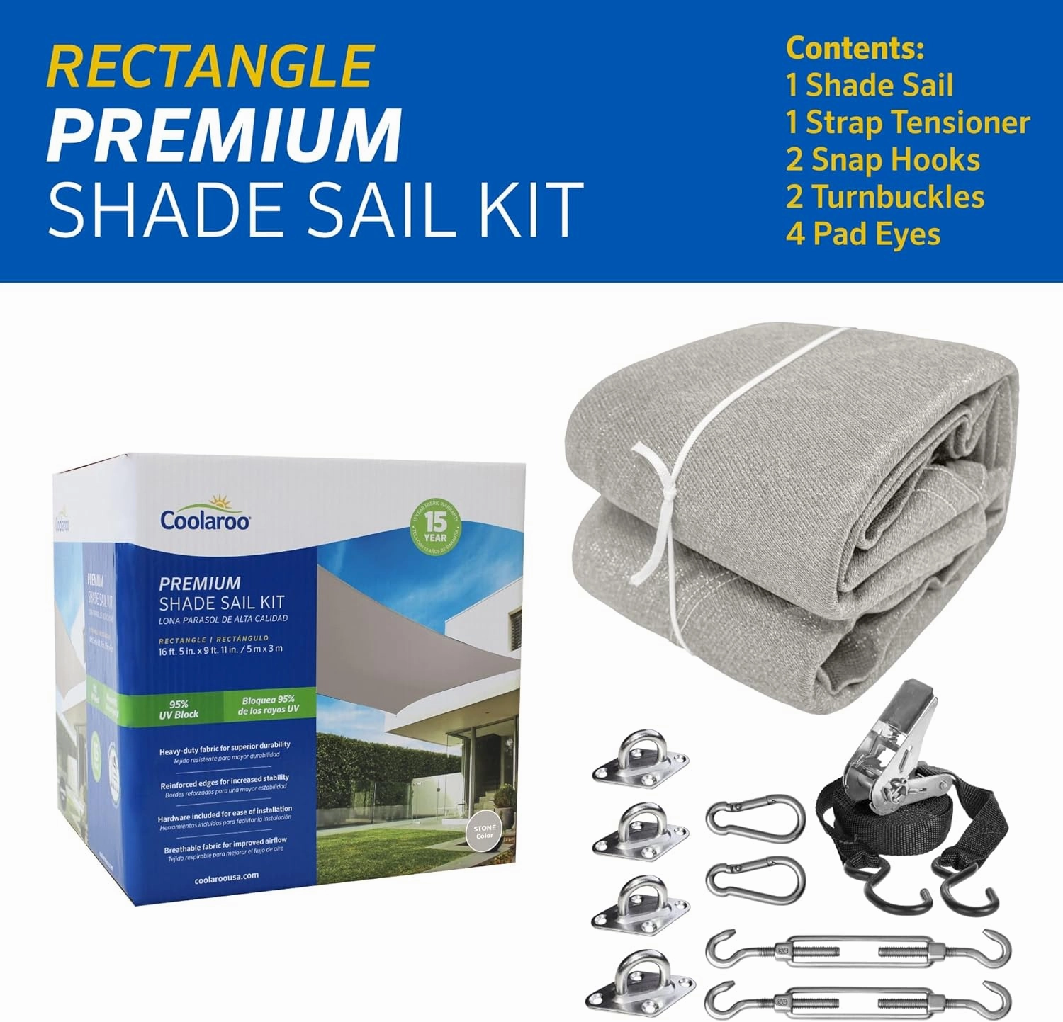 Coolaroo 16'5" x 9'11" Premium Shade Sail Kit, Rectangle - Stone