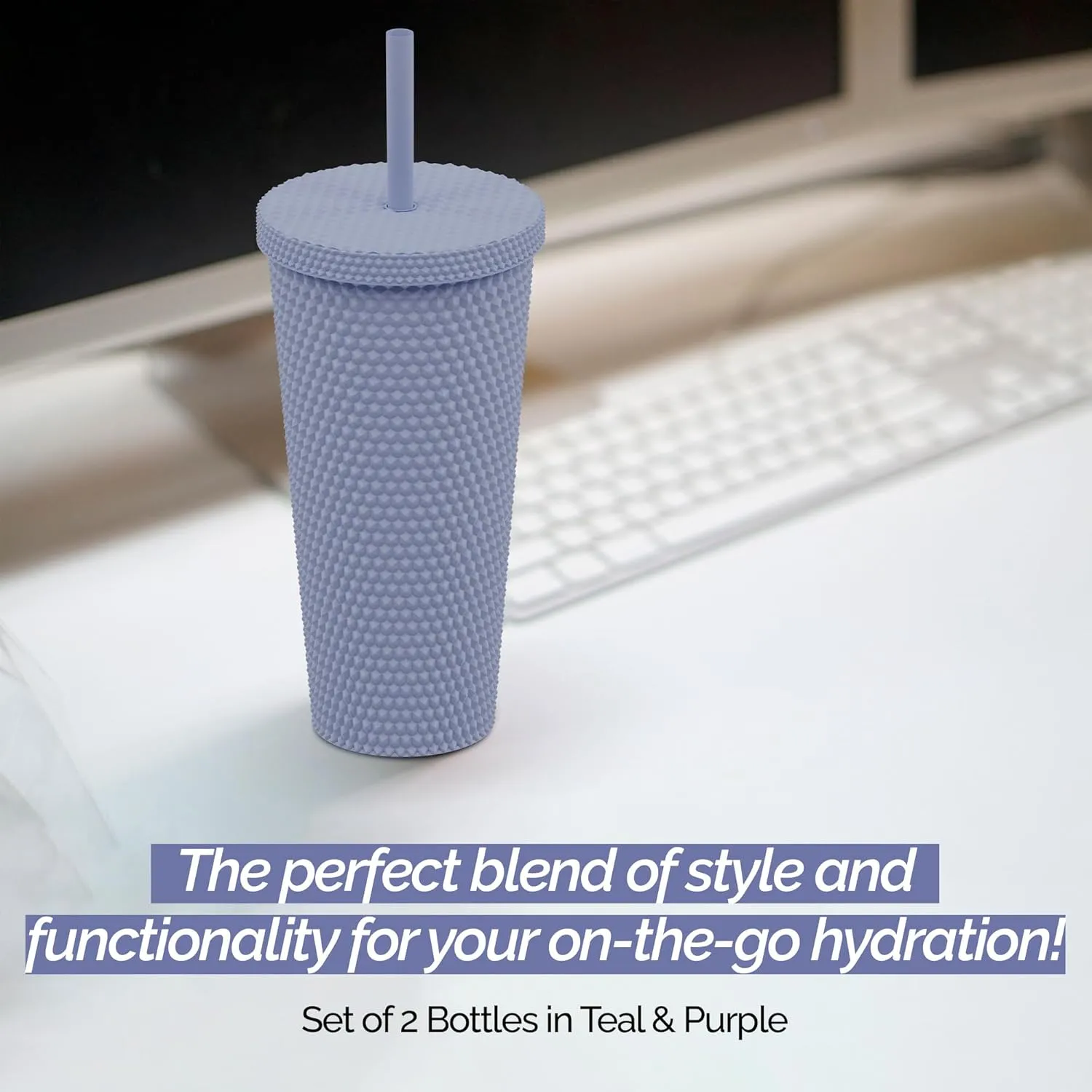 Copco 22oz Studded Insulated Tumblers with Straw and Lid, Set of 2, Acrylic Reusable Cold Drink Tumblers, Spill-Resistant, BPA-Free, Travel-Friendly, Cupholder Compatible (Teal/Purple)