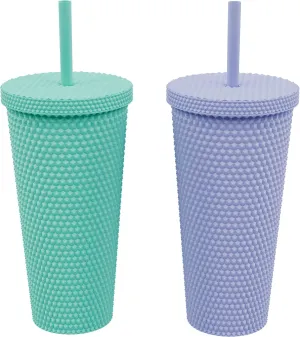Copco 22oz Studded Insulated Tumblers with Straw and Lid, Set of 2, Acrylic Reusable Cold Drink Tumblers, Spill-Resistant, BPA-Free, Travel-Friendly, Cupholder Compatible (Teal/Purple)