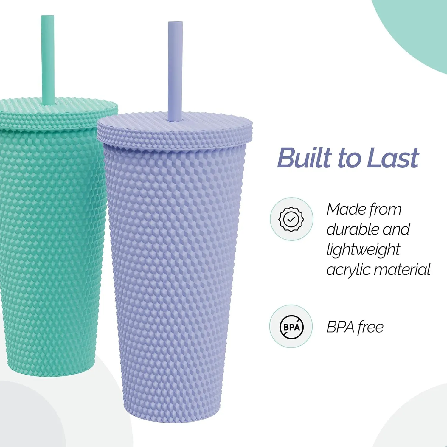 Copco 22oz Studded Insulated Tumblers with Straw and Lid, Set of 2, Acrylic Reusable Cold Drink Tumblers, Spill-Resistant, BPA-Free, Travel-Friendly, Cupholder Compatible (Teal/Purple)