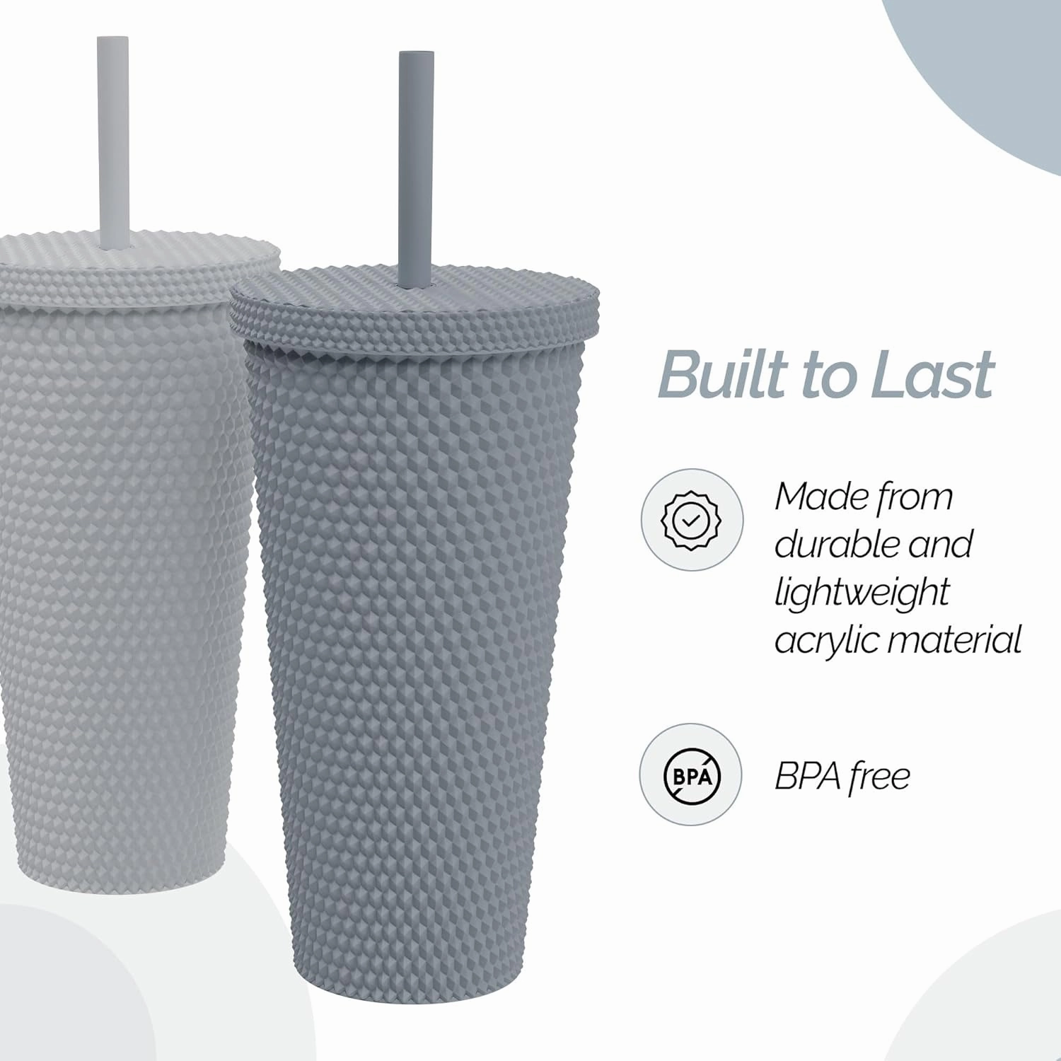Copco 22oz Studded Insulated Tumblers with Straw and Lid, Set of 2, Acrylic Reusable Cold Drink Tumblers, Spill-Resistant, BPA-Free, Travel-Friendly, Cupholder Compatible (Gray/Dark Gray)