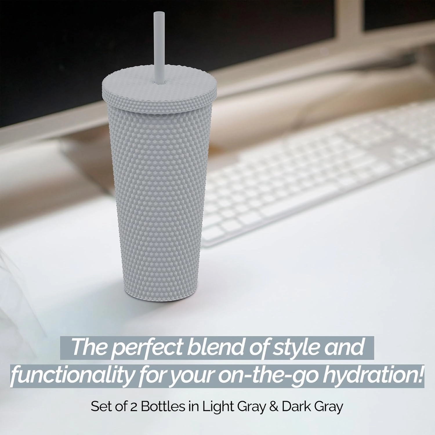 Copco 22oz Studded Insulated Tumblers with Straw and Lid, Set of 2, Acrylic Reusable Cold Drink Tumblers, Spill-Resistant, BPA-Free, Travel-Friendly, Cupholder Compatible (Gray/Dark Gray)