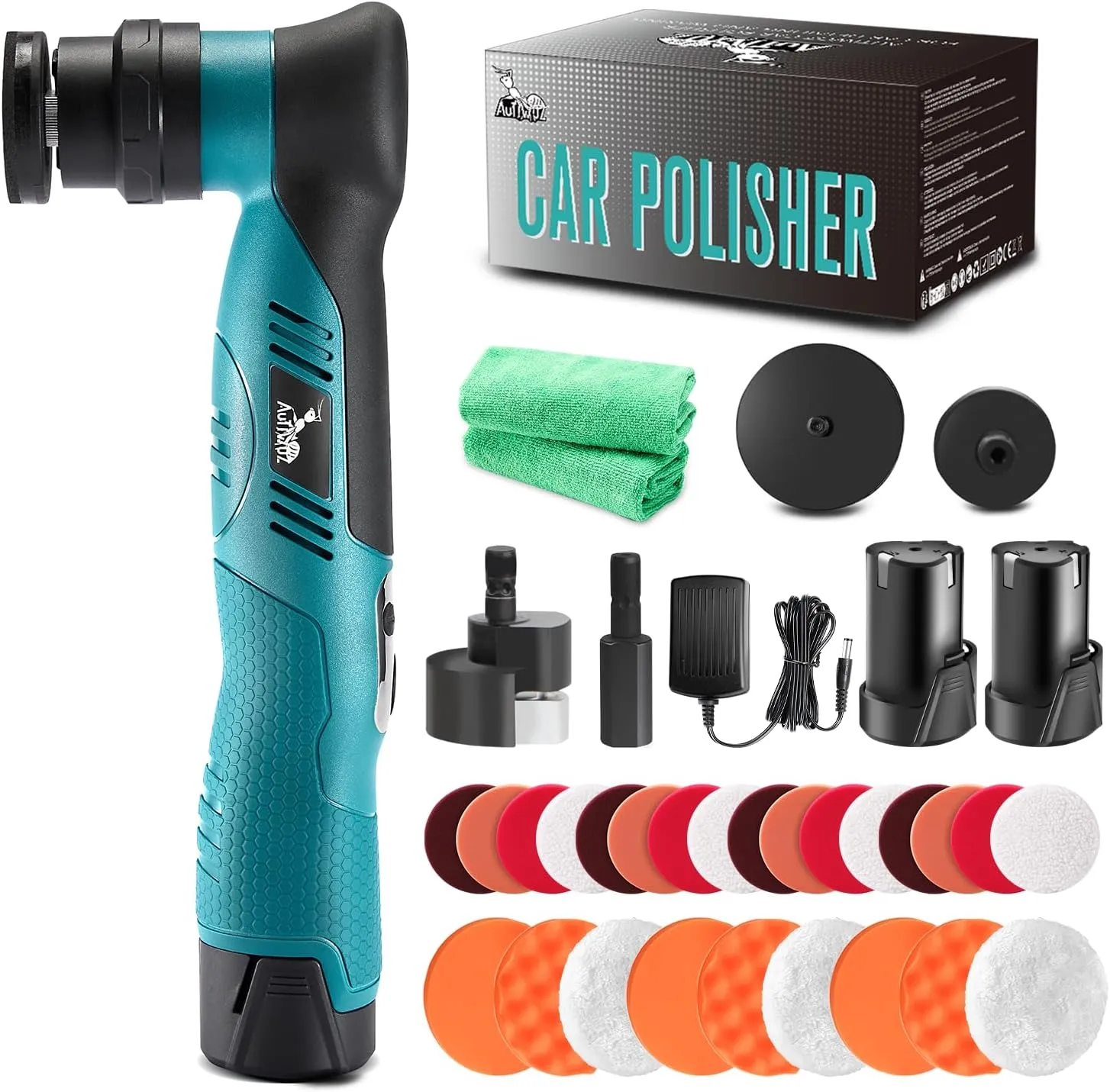 Cordless Mini Car Polisher, Fast Change 1/3inch RO/DA Small Polisher for Polishing, Scratch Removing, Cleaning, 6 Speeds Car Polishing Kit, 2Pcs 2000mAh Li-ion Batteries, Kit 1