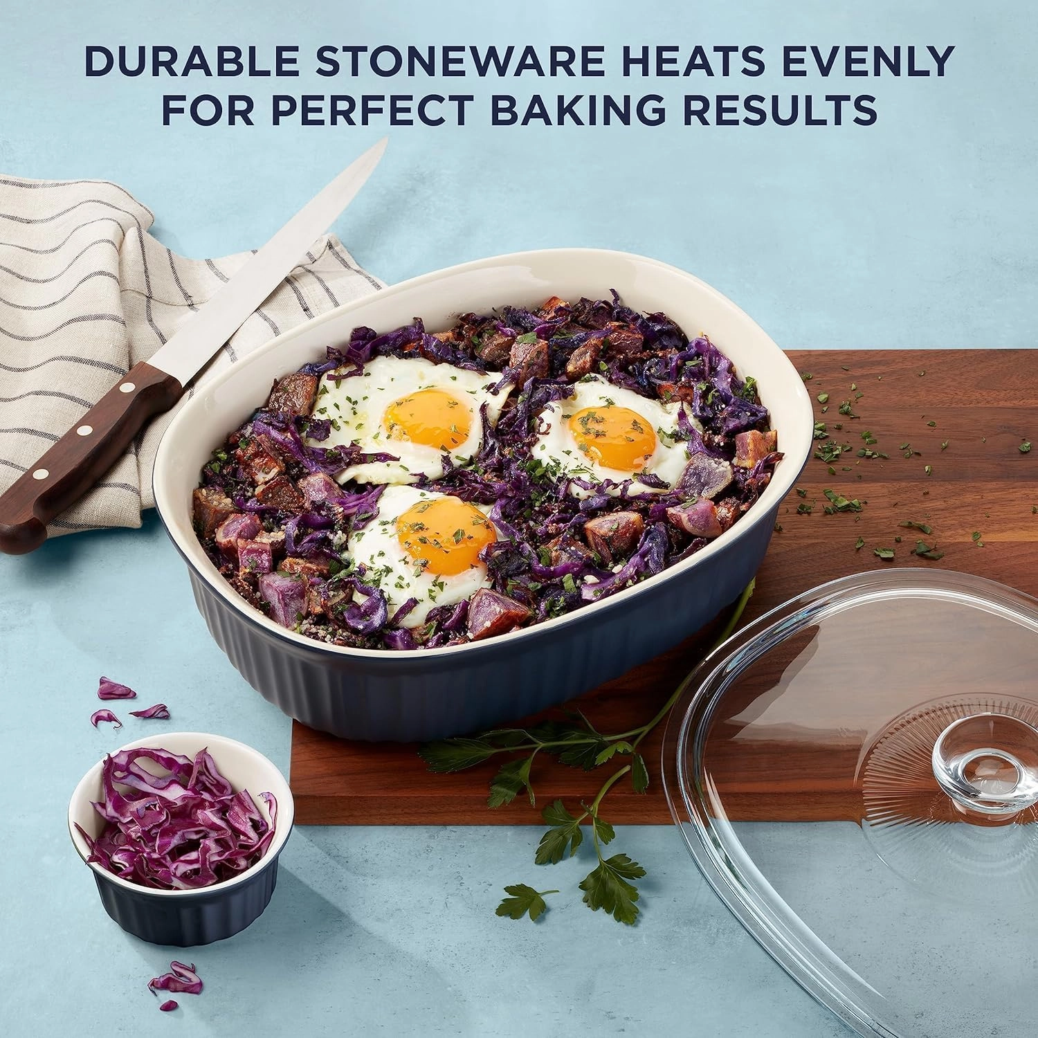 CorningWare Ceramic Bakeware Set with Lids, Chip and Crack Resistant Stoneware Baking Dish, Microwave, Dishwasher, Oven, Freezer and Fridge Safe, 10-Piece French Navy