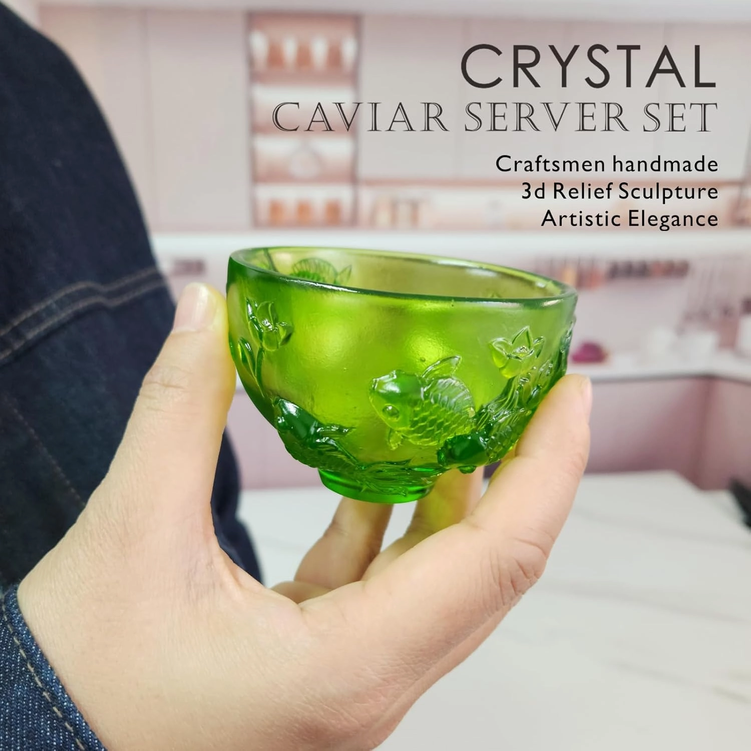 Crystal Caviar Serving Set with 2 Mother of Pearl Spoons Handcrafted Glass Caviar Dish with Fish Relief Design,Vibrant Colors Showcasing,5oz Capacity,Dishwasher Safe,Light Green