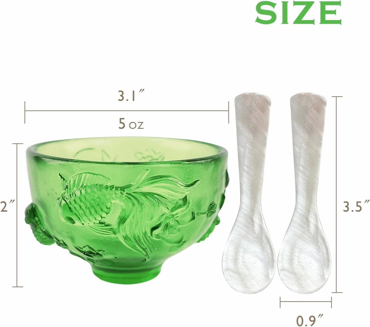Crystal Caviar Serving Set with 2 Mother of Pearl Spoons Handcrafted Glass Caviar Dish with Fish Relief Design,Vibrant Colors Showcasing,5oz Capacity,Dishwasher Safe,Light Green