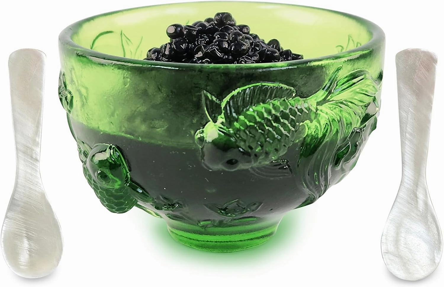 Crystal Caviar Serving Set with 2 Mother of Pearl Spoons Handcrafted Glass Caviar Dish with Fish Relief Design,Vibrant Colors Showcasing,5oz Capacity,Dishwasher Safe,Light Green