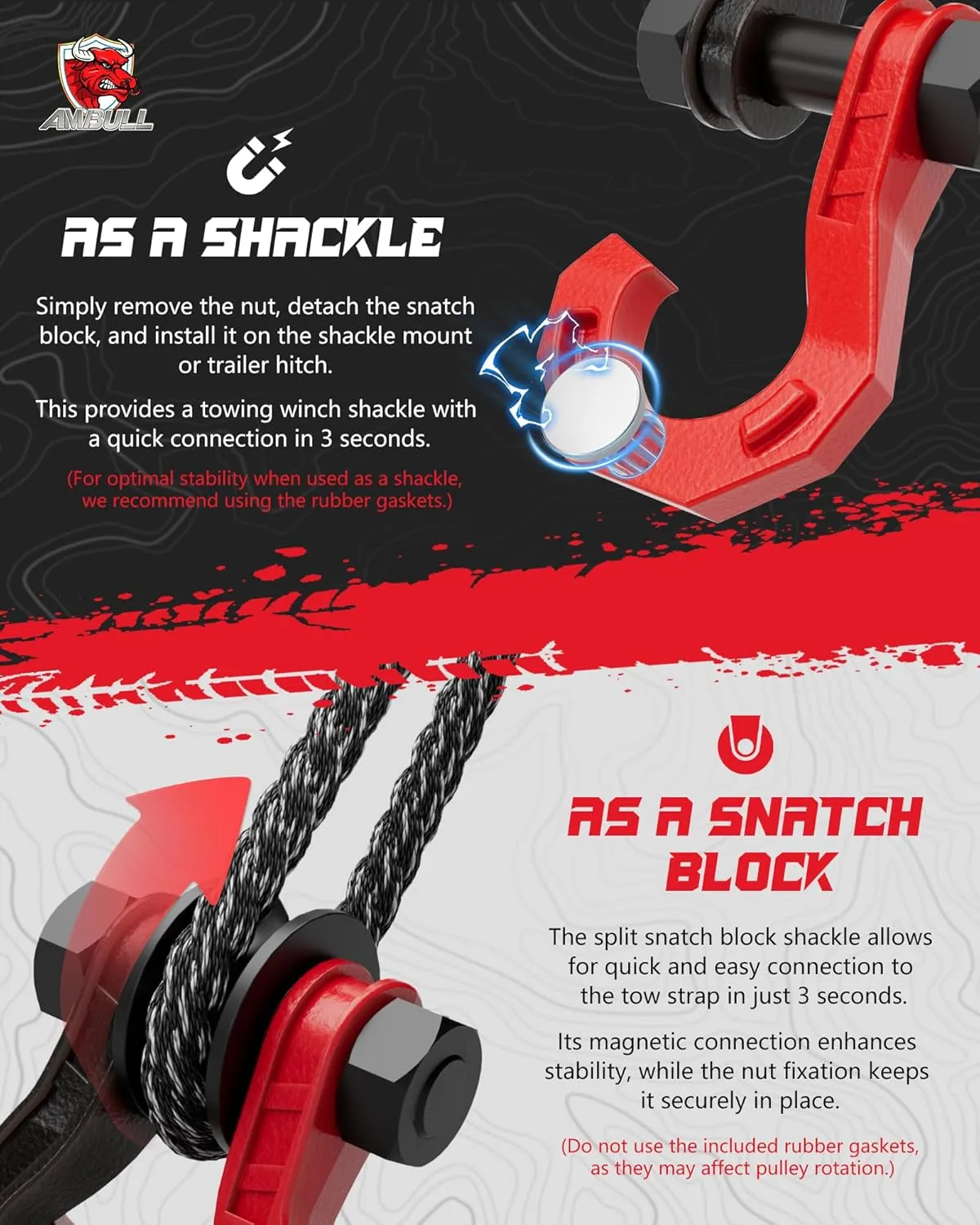 D Ring Split Shackle with Snatch Block, 3/4" Split Shackles w/Snatch Block Pulley, Heavy Duty Shackle for Towing Winch, Pulley for Off-Road Vehicle Recovery, Truck, ATV, UTV, BlackRed