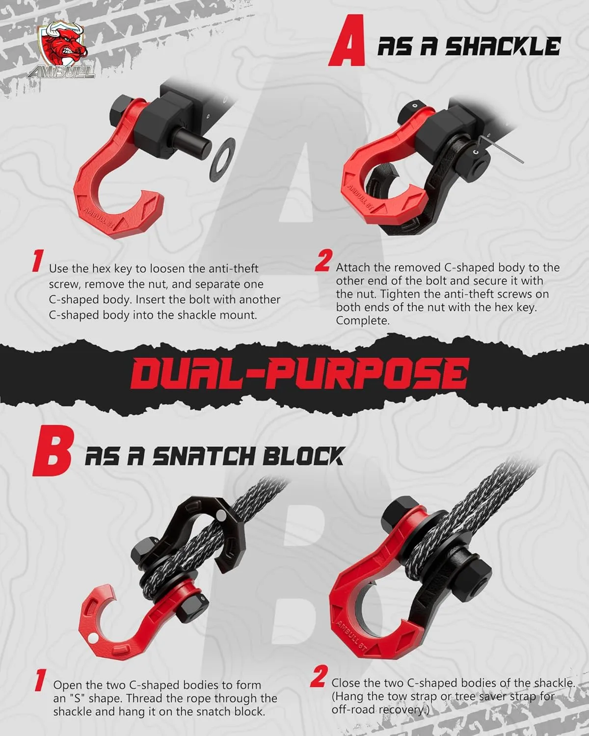 D Ring Split Shackle with Snatch Block, 3/4" Split Shackles w/Snatch Block Pulley, Heavy Duty Shackle for Towing Winch, Pulley for Off-Road Vehicle Recovery, Truck, ATV, UTV, BlackRed
