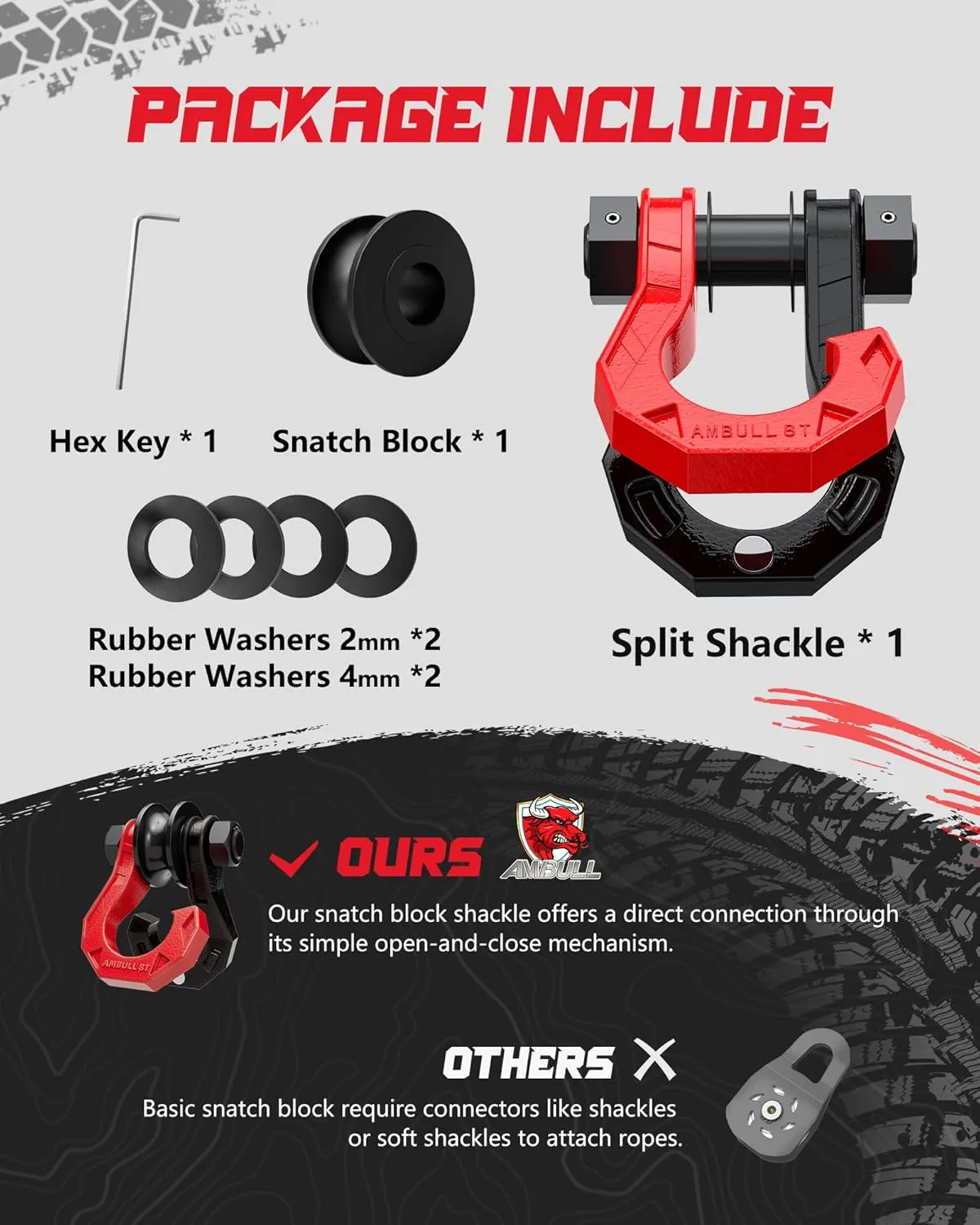 D Ring Split Shackle with Snatch Block, 3/4" Split Shackles w/Snatch Block Pulley, Heavy Duty Shackle for Towing Winch, Pulley for Off-Road Vehicle Recovery, Truck, ATV, UTV, BlackRed