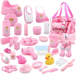 deAO 40 Piece Baby Doll Accessories Bag with Baby Feeding Accessories, Clothes, Doll Bear, Bath Toys, Soother Dummy and Much More - Great Nurturing Pretend Toy for Kids!