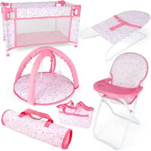 deAO Baby Doll Accessories Baby Doll Playset Doll High Chair Baby Doll Crib Bed Play Mat Storage Bag Handbag Wing - 6 in 1 Pink Dolls Playset with Furniture Toys for 12-14’’ Dolls