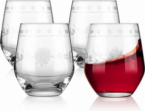 Delight Glasses, 15 ounces, Set of 4, Unique Vintage Style Glass Set with Decorative Etching, Dishwasher Safe. (Stemless Wine Glasses)