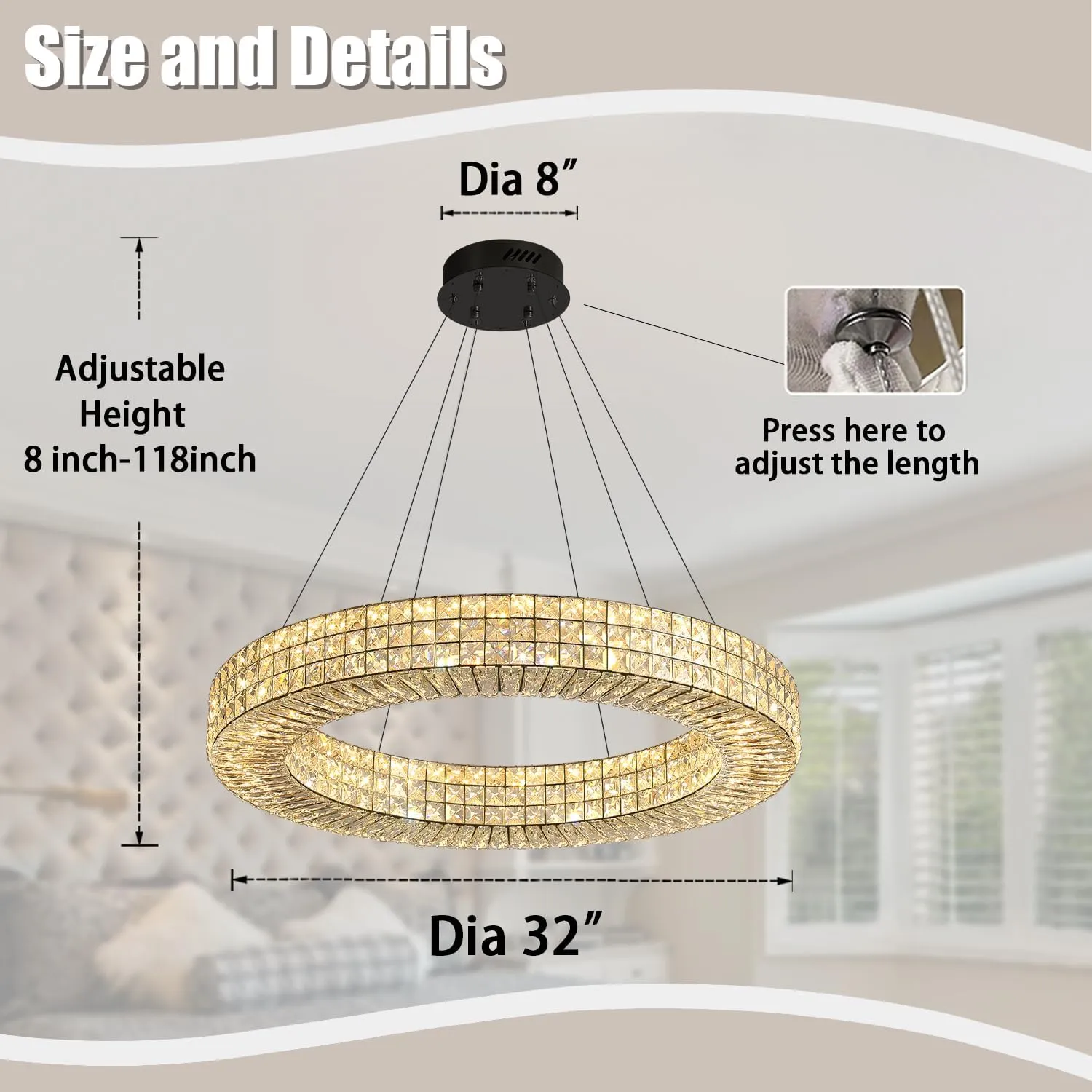 Dia 32" Ring Crystal Chandelier Modern Black Ring Chandelier Adjustable Height Luxury Crystal Pendant Ceiling Light Fixture for Dining Living Room Bedroom