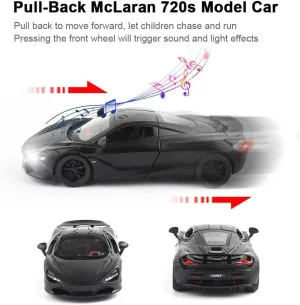 Diecast Toy Car McLaren 720S Sports Car Model,Zinc Alloy Simulation Casting Pull Back Vehicles,1:32 Scale Mini Supercar Toys with Lights and Music for Toddlers Kids Children Gift (720S-Black)