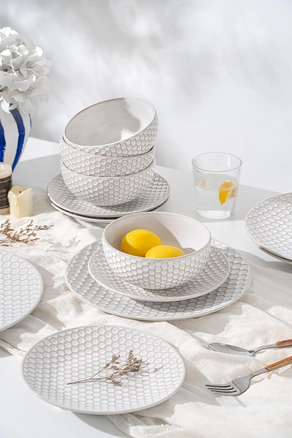 Dinnerware Sets for 4, Ceramic Microwave Safe Plates and Bowls Sets, 12 Piece Matte Chip Resistance Dish Set, Home Essentials Embossment Stoneware Dinnerware Set, Wedding Gift