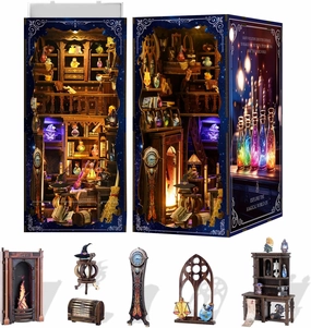 DIY Book Nook Kit Wooden Miniature Magic Potion House Kit 3D Wooden Bookends Miniature House Book Nook Kit for Adults Bookshelf Insert Decor with LED Lights Wood Crafts