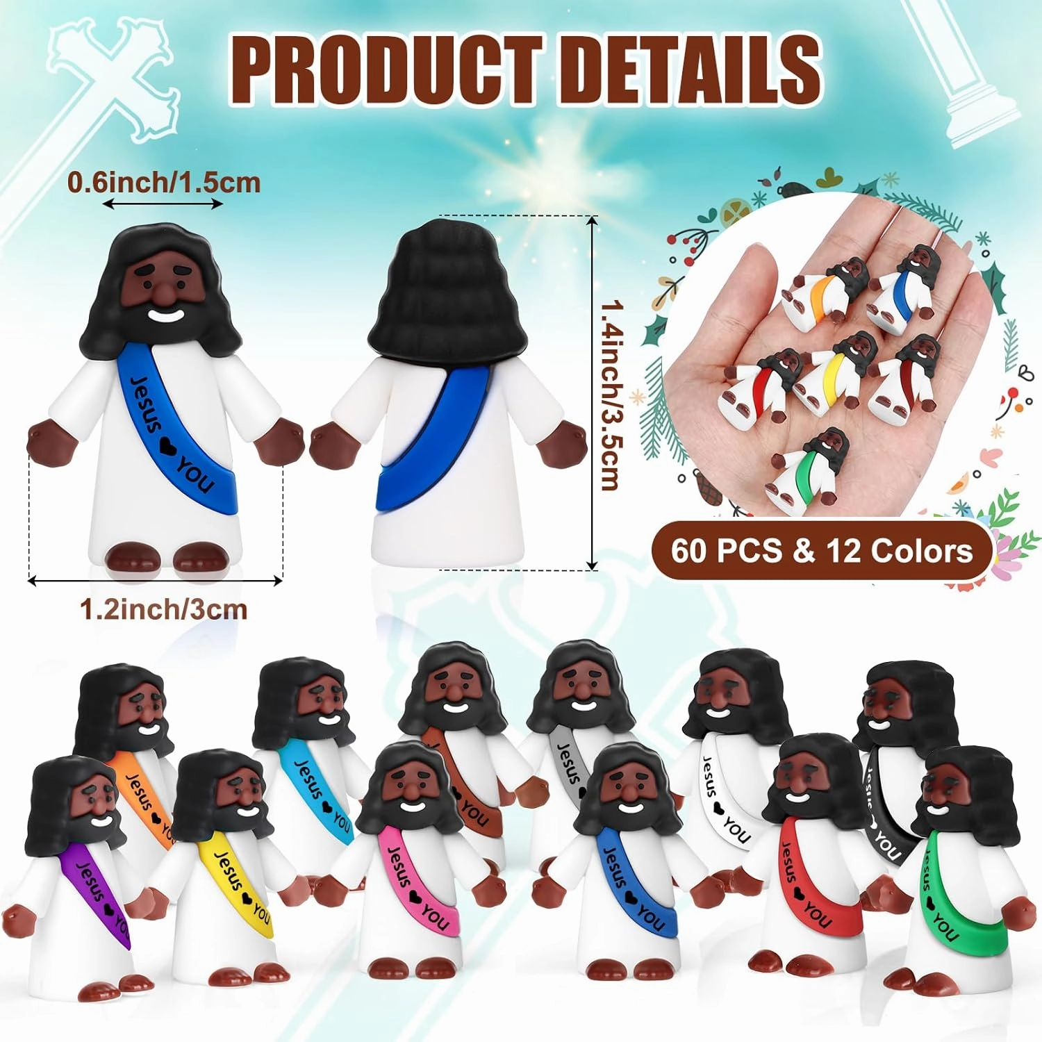 Draupnir 60PCS Little Jesus Figures Easter Black Mini Jesus Figurines in Bulk, Religious Jesus Loves You Figures Gift(Rainbow,Jesus Love You)