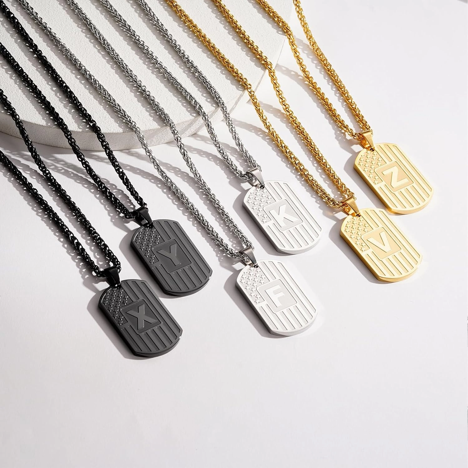 DuoDiner Graduation Easter Gifts-Initial Necklace Gifts for Men Boys Kids,A-Z Capital Letter American Flag Dog Tag Necklace 24 Inches Stainless Steel Mens Chain Easter Gifts for Kids Boys Men Teens