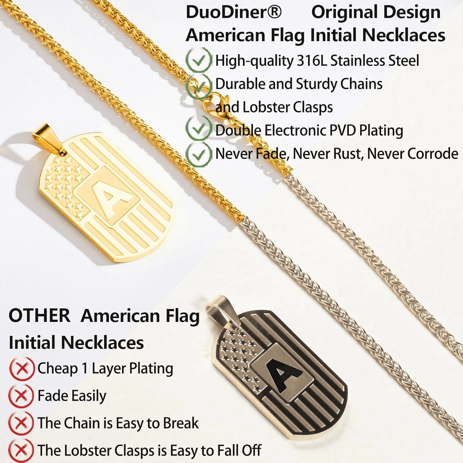 DuoDiner Graduation Easter Gifts-Initial Necklace Gifts for Men Boys Kids,A-Z Capital Letter American Flag Dog Tag Necklace 24 Inches Stainless Steel Mens Chain Easter Gifts for Kids Boys Men Teens