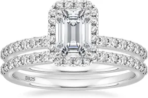 EAMTI 2CT 925 Sterling Silver Bridal Ring Sets Emerald Cut CZ Engagement Vintage Promise Rings Wedding Bands for Women Size 3-12