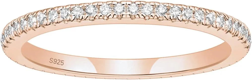 EAMTI 2mm 925 Sterling Silver Wedding Band Cubic Zirconia Half Eternity Stackable Engagement Ring Size 3-13