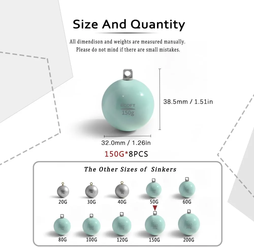 ECOFT Lead Free Fishing Weights Sinkers 20g-200g Coated Egg Sinkers Cannonball Weights Assorted Sizes Bag and Fishing Weights Assortment Box Non-Lead Fishing Weights Saltwater Freshwater