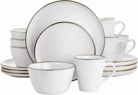 Elama Arthur 16 Piece Stoneware Dinnerware Set in Matte White with Gold Rim (Arthur Paul Louis Set)