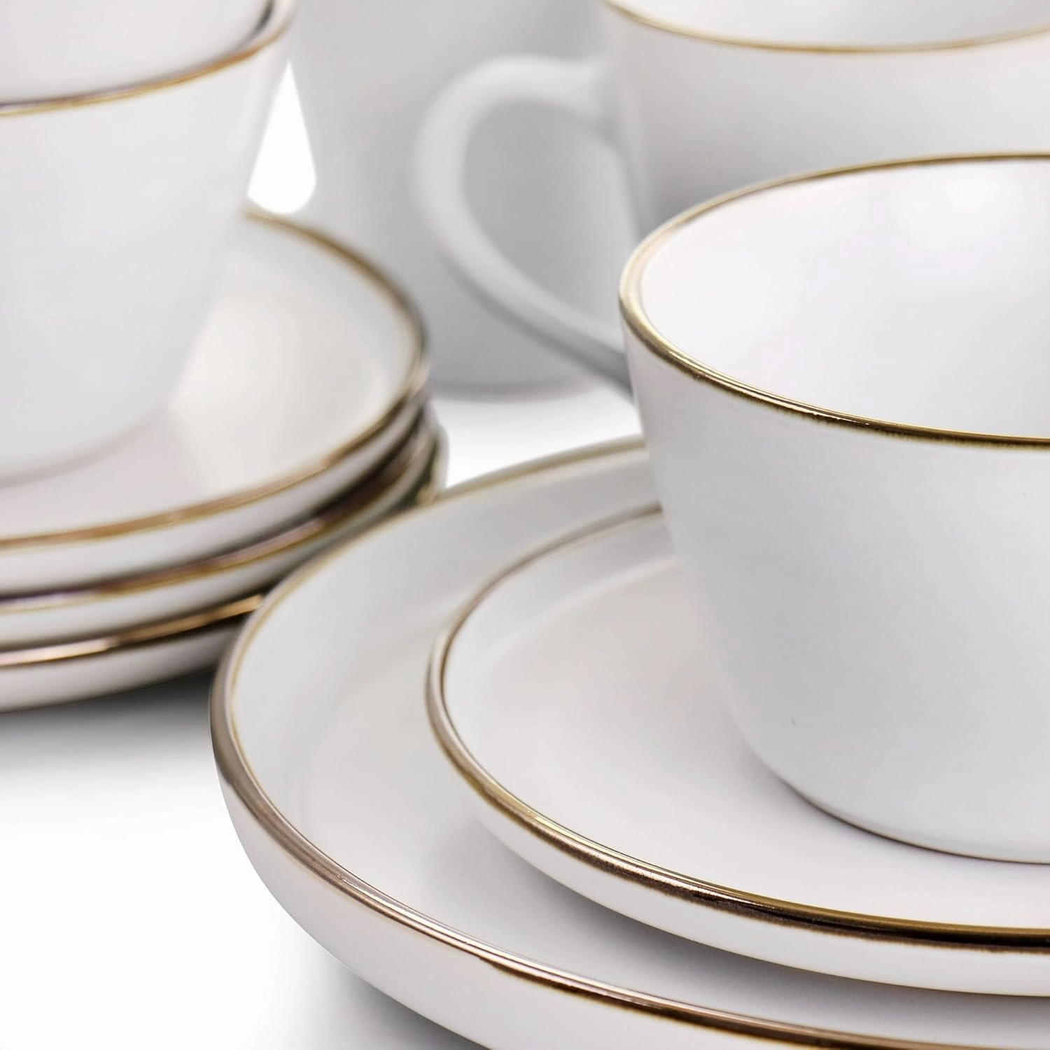 Elama Arthur 16 Piece Stoneware Dinnerware Set in Matte White with Gold Rim (Arthur Paul Louis Set)