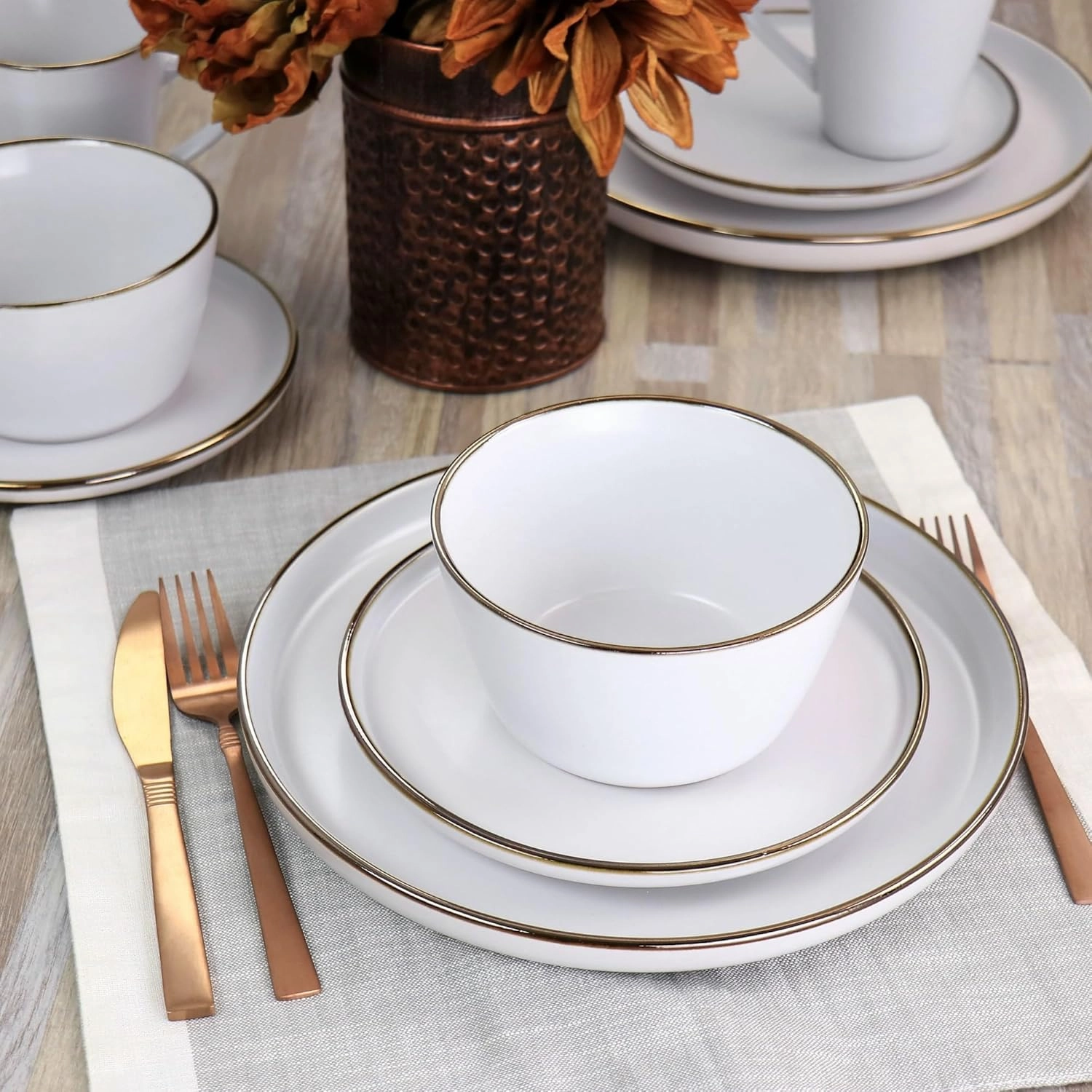 Elama Arthur 16 Piece Stoneware Dinnerware Set in Matte White with Gold Rim (Arthur Paul Louis Set)