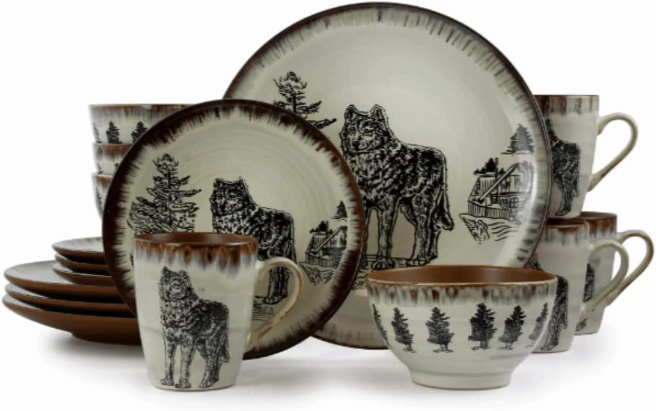 Elama Majestic Elk 16 Piece Round Stoneware Dinnerware Set in Taupe