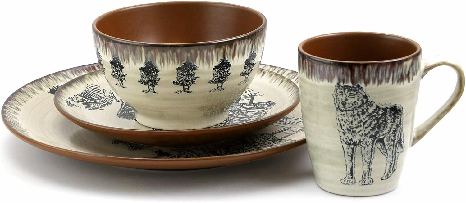 Elama Round Stoneware Cabin Dinnerware Dish Set, 16 Piece, Wolf Design with Warm Taupe and Brown Accents