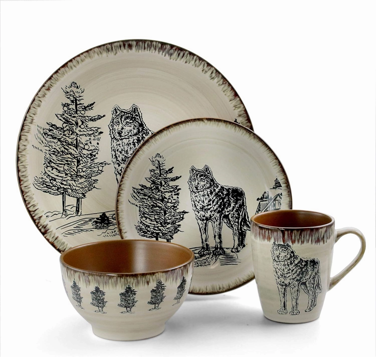 Elama Round Stoneware Cabin Dinnerware Dish Set, 16 Piece, Wolf Design with Warm Taupe and Brown Accents