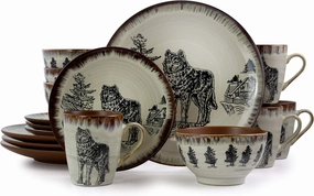 Elama Round Stoneware Cabin Dinnerware Dish Set, 16 Piece, Wolf Design with Warm Taupe and Brown Accents