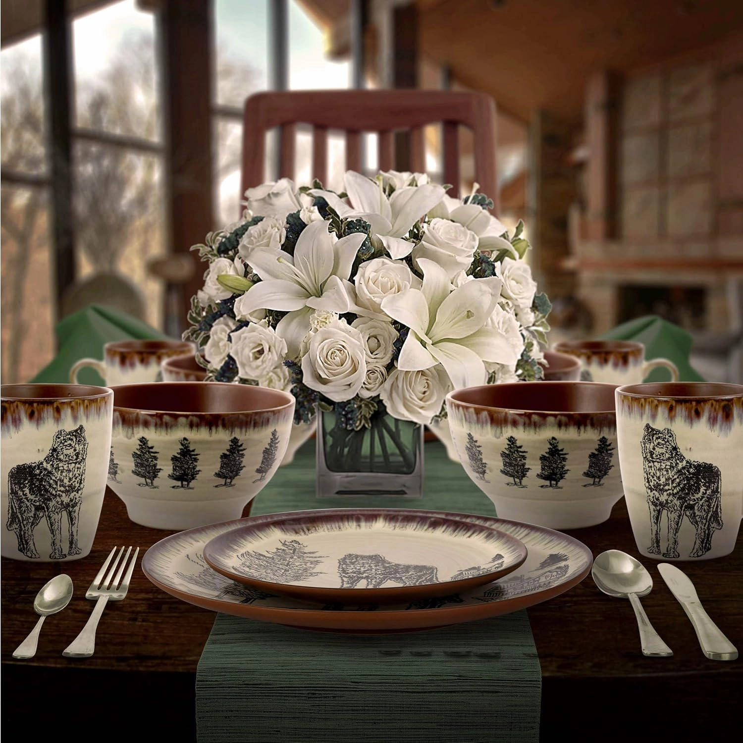 Elama Round Stoneware Cabin Dinnerware Dish Set, 16 Piece, Wolf Design with Warm Taupe and Brown Accents