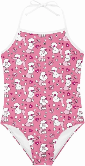 Elegant Pink Poodle Girls One Piece Swimsuits Beach Bathing Suit Little Kids Cute Quick Dry Swimwear 1-10 Years
