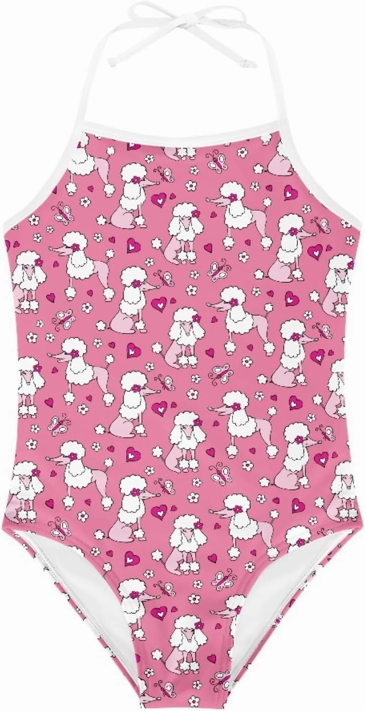 Elegant Pink Poodle Girls One Piece Swimsuits Beach Bathing Suit Little Kids Cute Quick Dry Swimwear 1-10 Years