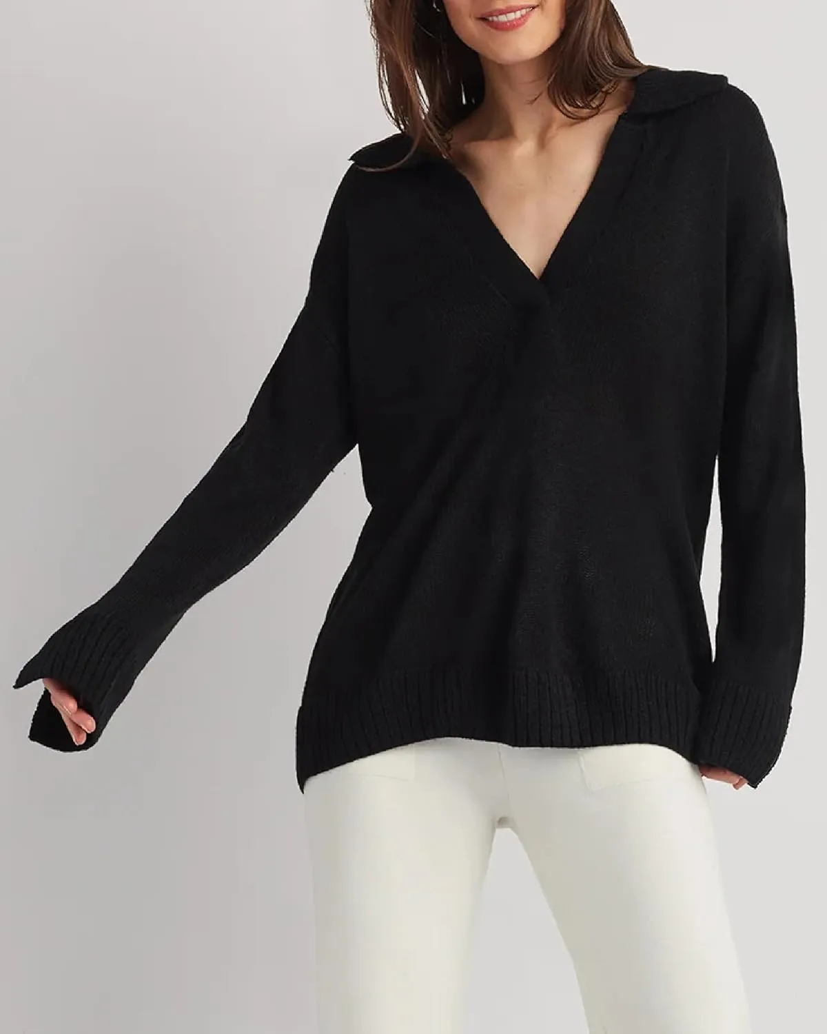 ELLEN TRACY Women's Polo Sweater, Addison Open Neck Collared Long Sleeve Pullover, Lightweight Pull Over Shirt Top