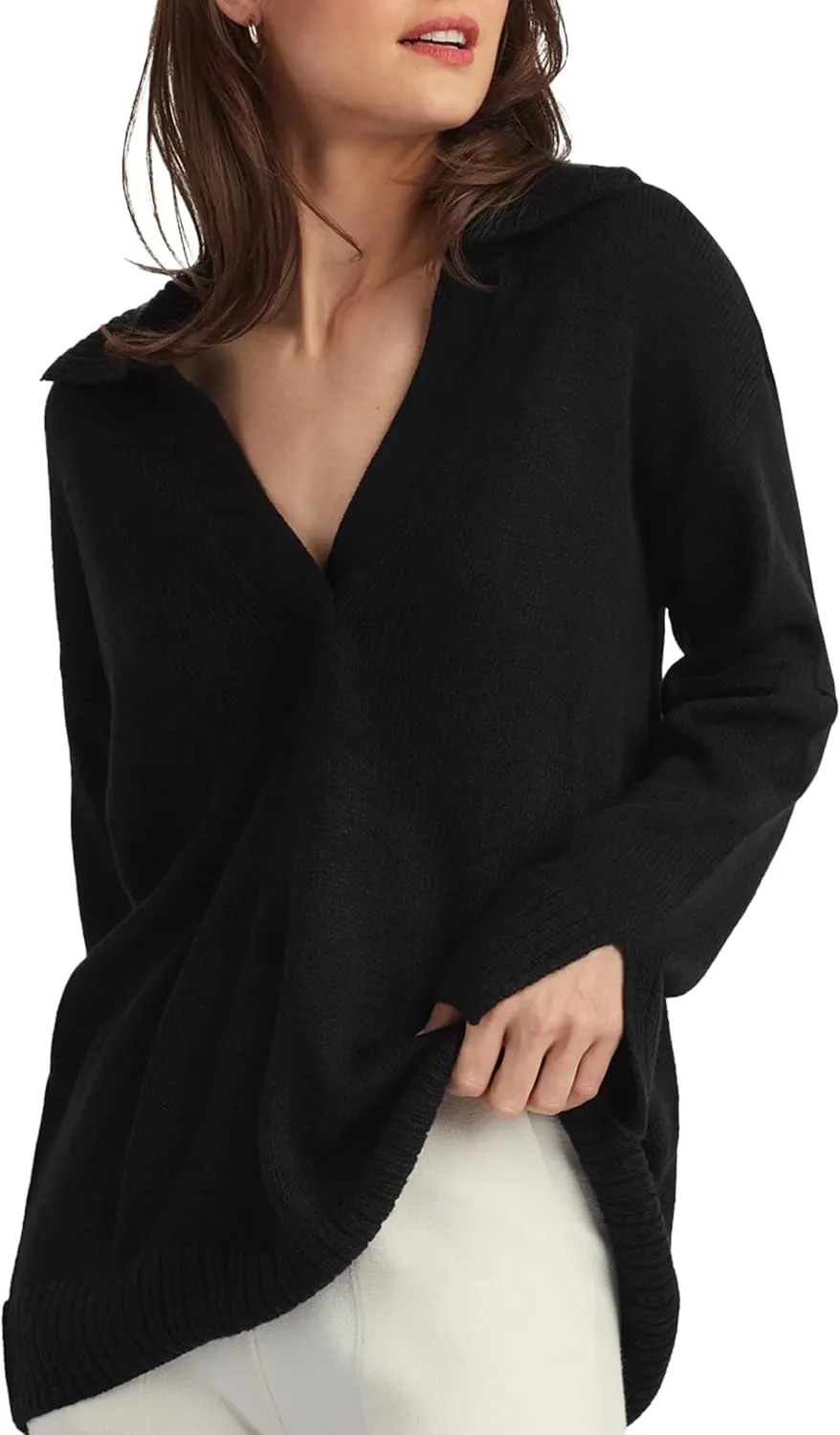 ELLEN TRACY Women's Polo Sweater, Addison Open Neck Collared Long Sleeve Pullover, Lightweight Pull Over Shirt Top