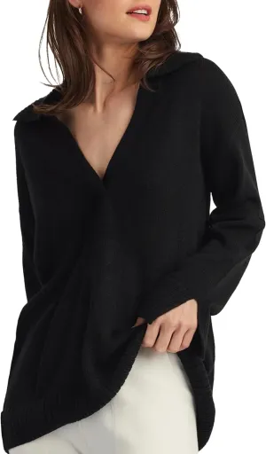 ELLEN TRACY Women's Polo Sweater, Addison Open Neck Collared Long Sleeve Pullover, Lightweight Pull Over Shirt Top