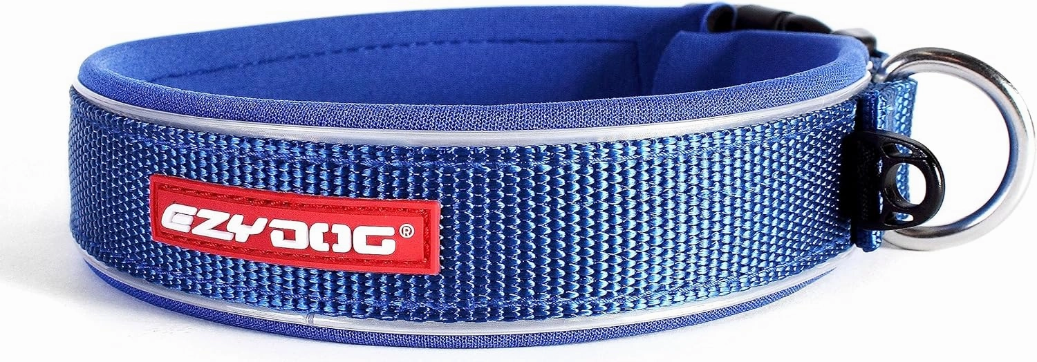 EzyDog Neo Dog Collar - Waterproof & Reflective Dog Collar with Soft Padded Neoprene for Comfort & Durable Nylon – Features Quick Release Buckle and Built-in ID Clip (Medium, Blue)