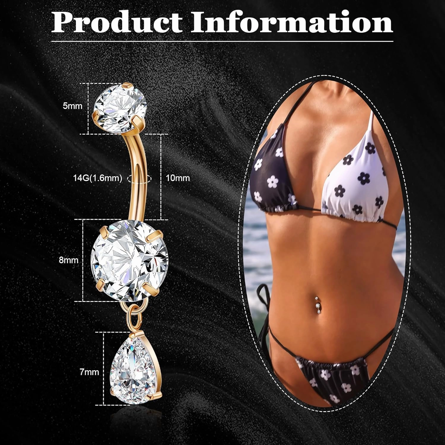 F136 Titanium Dangle Belly Button Ring for Women Dangling Navel Ring Hypoallergenic Teardrop Belly Rings Internally Threaded CZ Belly Piercing Jewelry 10MM