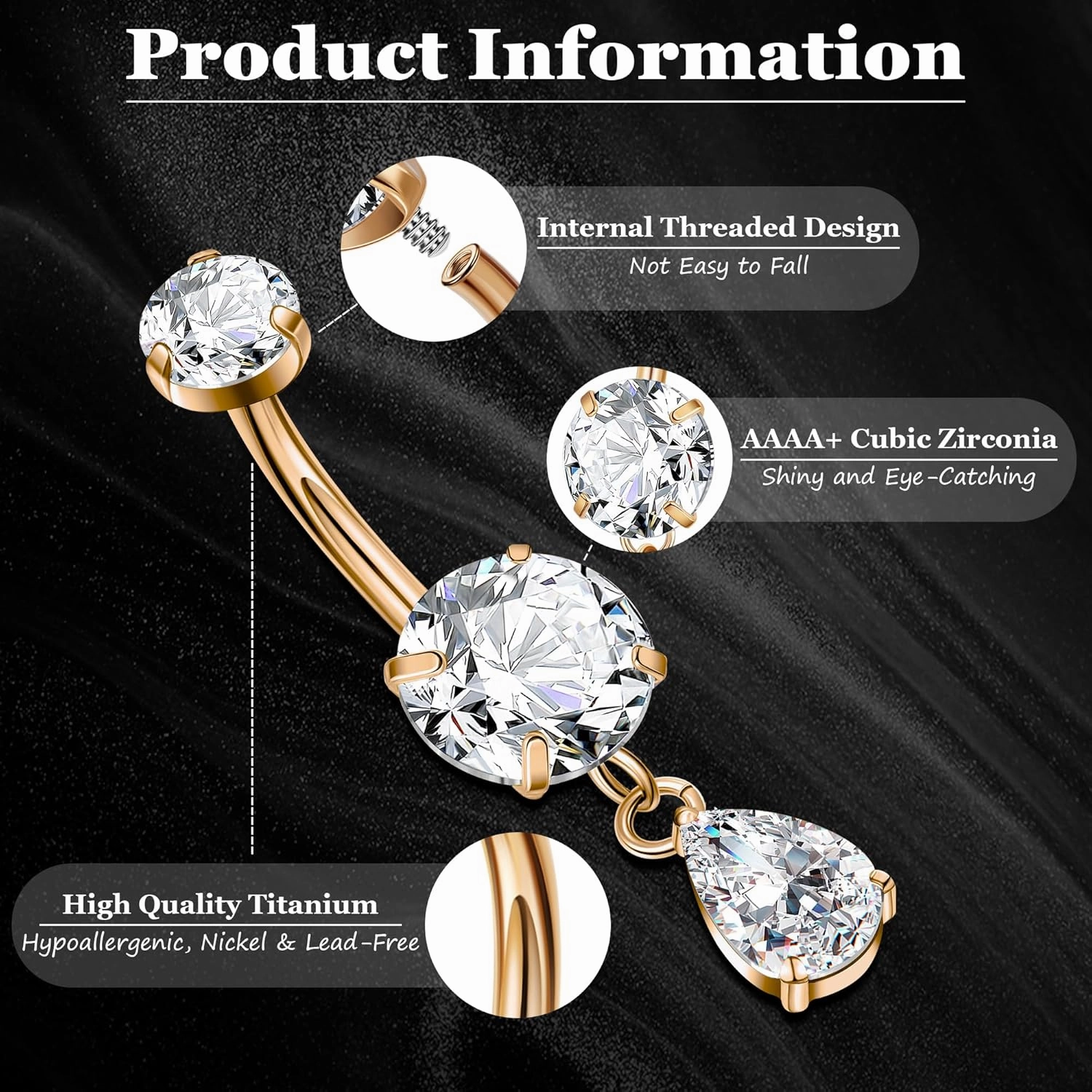 F136 Titanium Dangle Belly Button Ring for Women Dangling Navel Ring Hypoallergenic Teardrop Belly Rings Internally Threaded CZ Belly Piercing Jewelry 10MM
