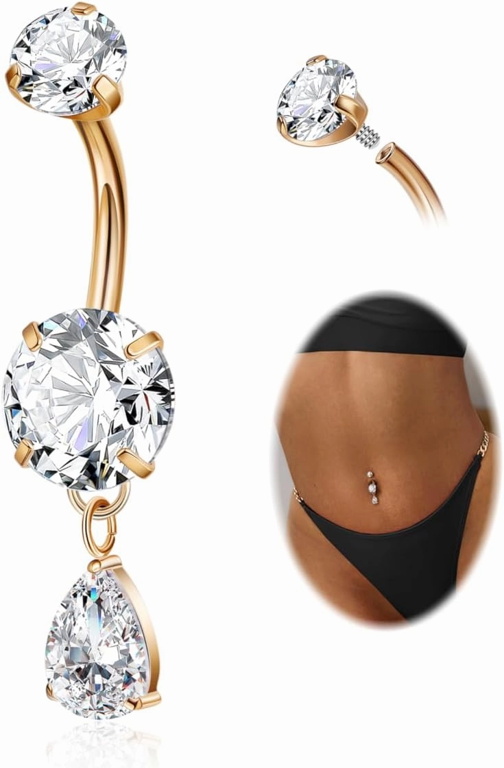F136 Titanium Dangle Belly Button Ring for Women Dangling Navel Ring Hypoallergenic Teardrop Belly Rings Internally Threaded CZ Belly Piercing Jewelry 10MM