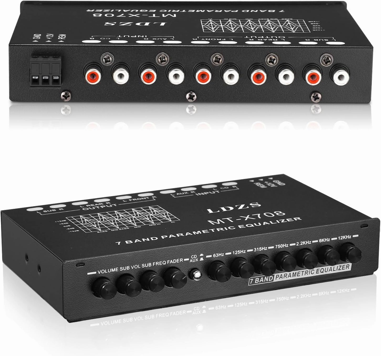 Facmogu 7-Band Car Audio Equalizer, Adjustable 7 Bands EQ Car Amplifier Graphic Equalizer with CD/AUX Input Select Switch, Front/Rear   Sub Output, for Boat RV RTV Motorcycle Car Stereo Tone Control