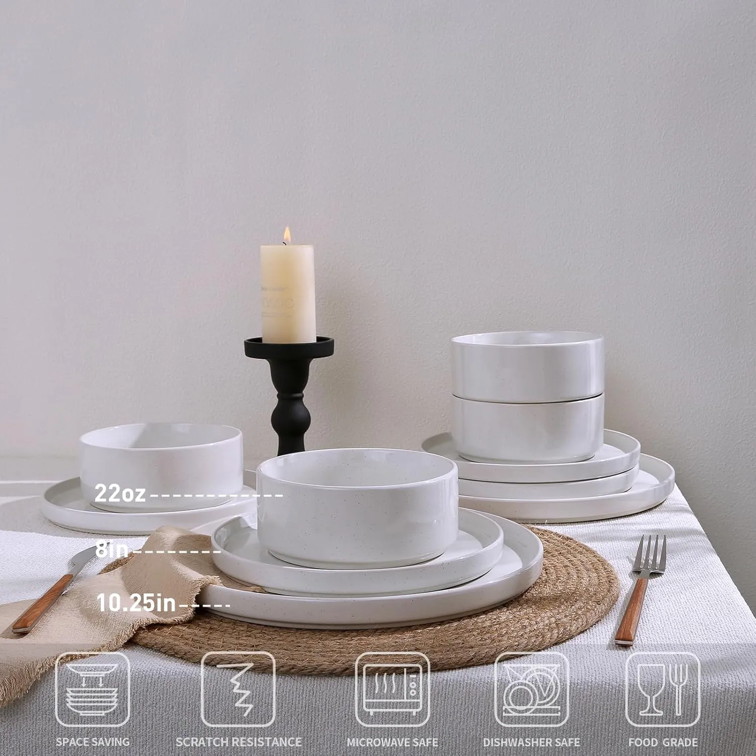 Famiware Nebula Plates and Bowls Set, 12 Pieces Dinnerware Sets, Dishes Set for 4, White