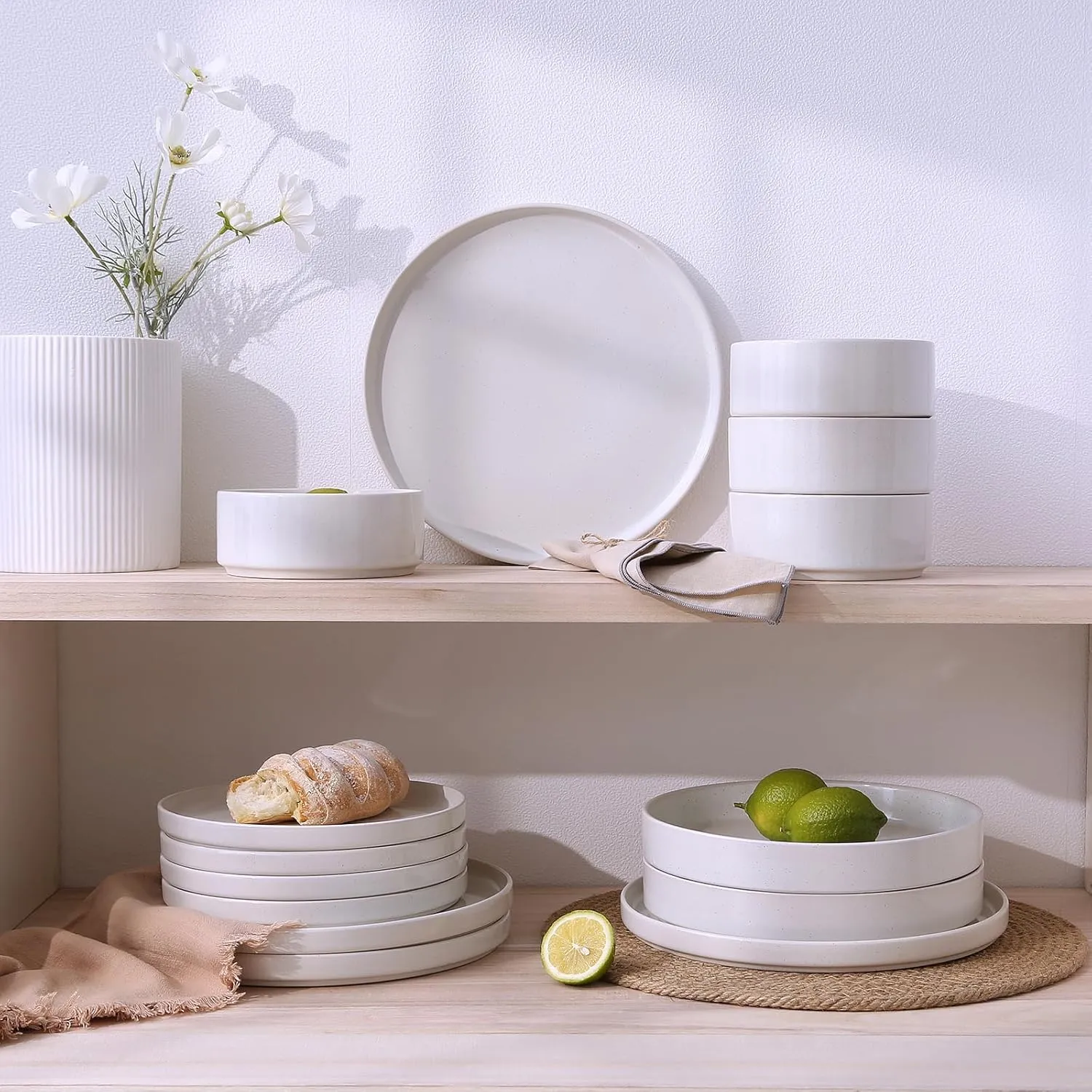 Famiware Nebula Plates and Bowls Set, 12 Pieces Dinnerware Sets, Dishes Set for 4, White
